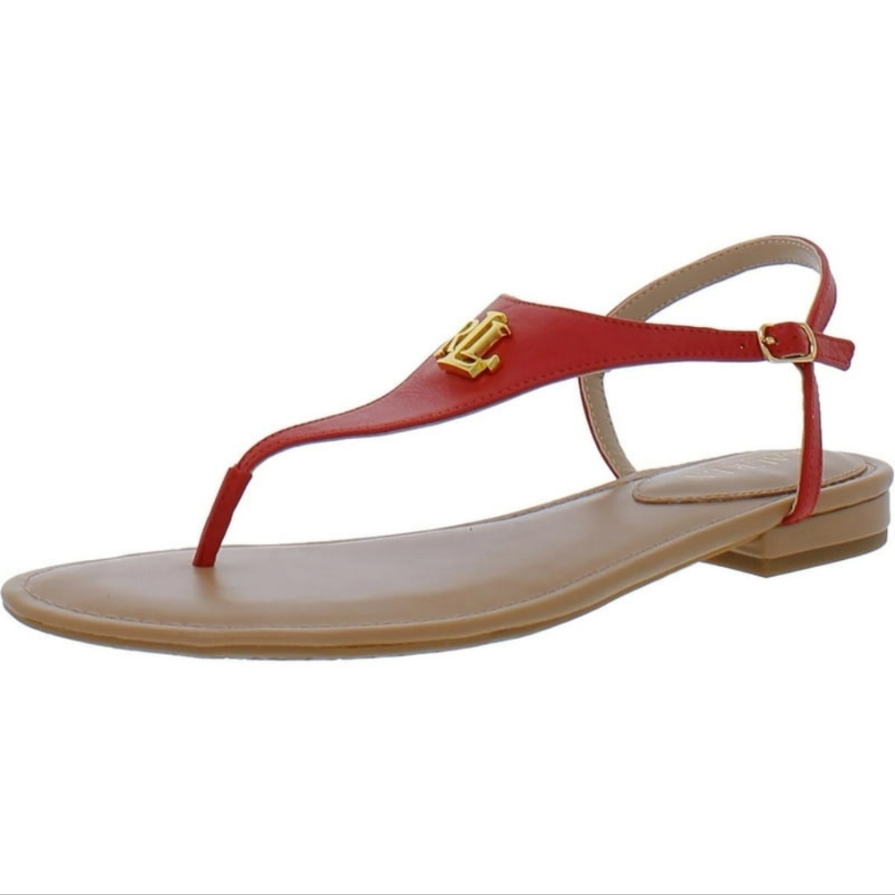 🆕Lauren Ralph Lauren Womens RED Ellington Leather Logo Slingback Sandals Size 8